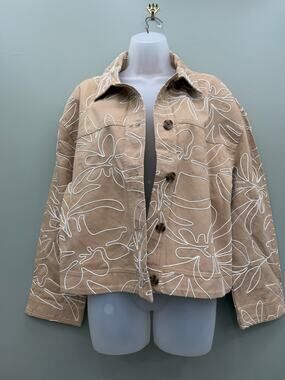 LOFT Floral Embroidered Twill Jacket L Tan White 100% Cotton Utility